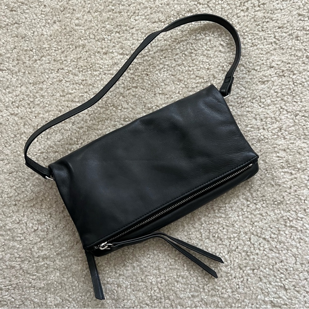 Margot Black Leather Clutch Bag Purse Foldover Shoulder Strap Anthropologie,